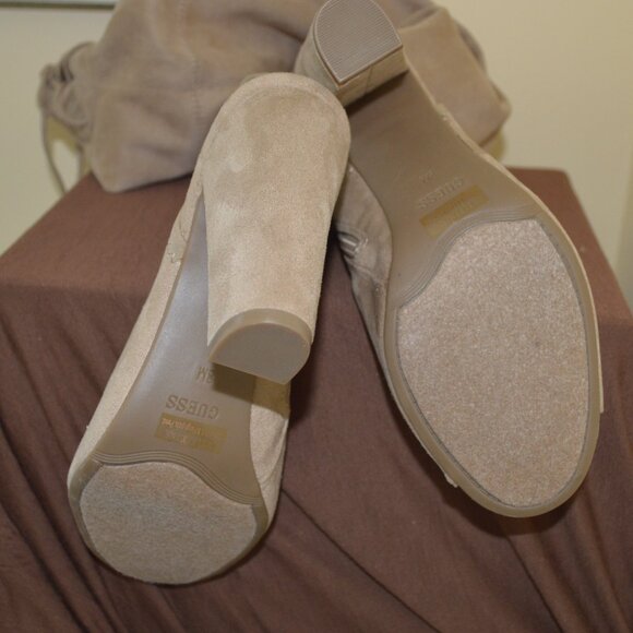 NWOT Guess 8 Tan Over The Knee Boots Faux Suede Open Toes "Galle" - Picture 6 of 7
